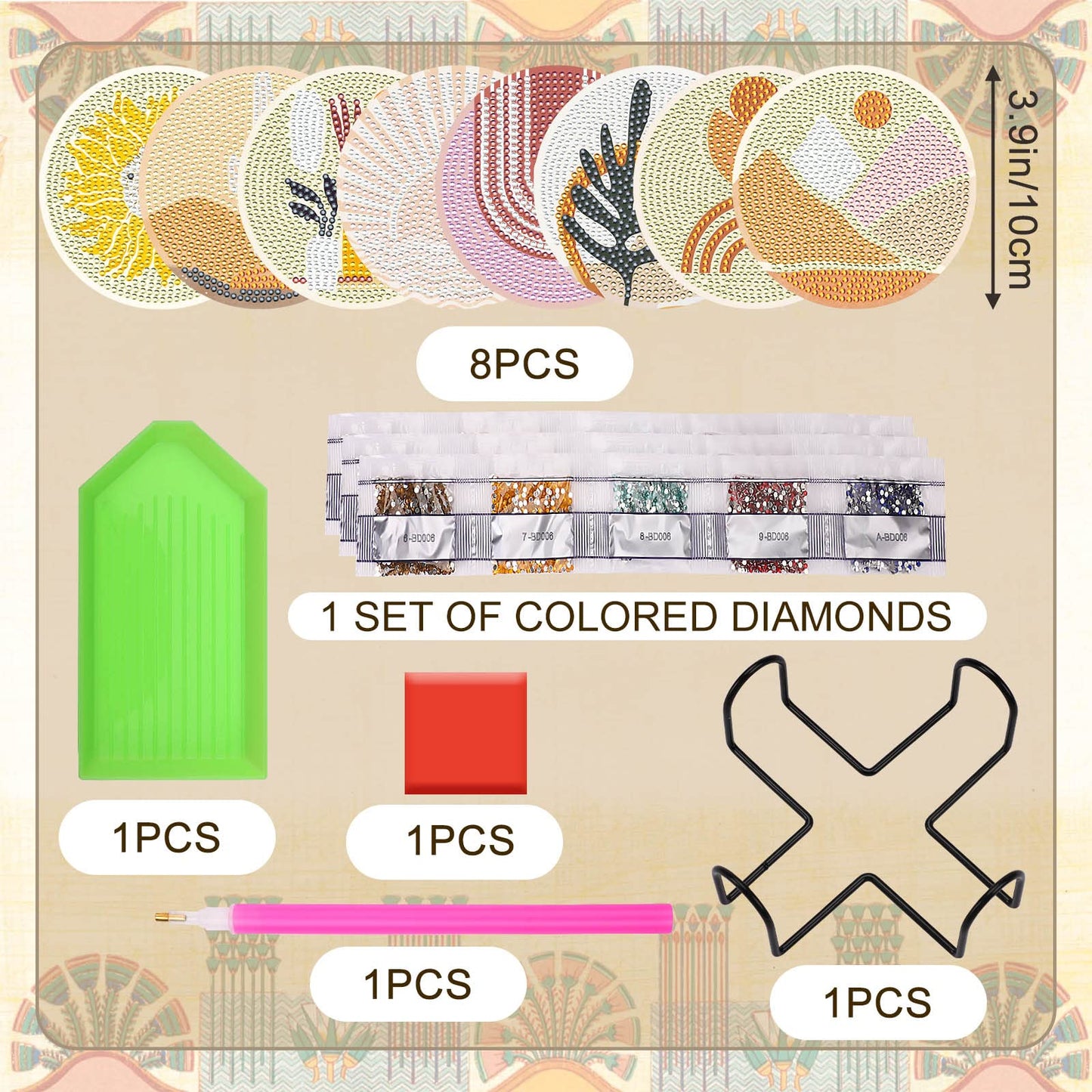 Diy 8pcs/set Diamond Painting Coasters with Holder