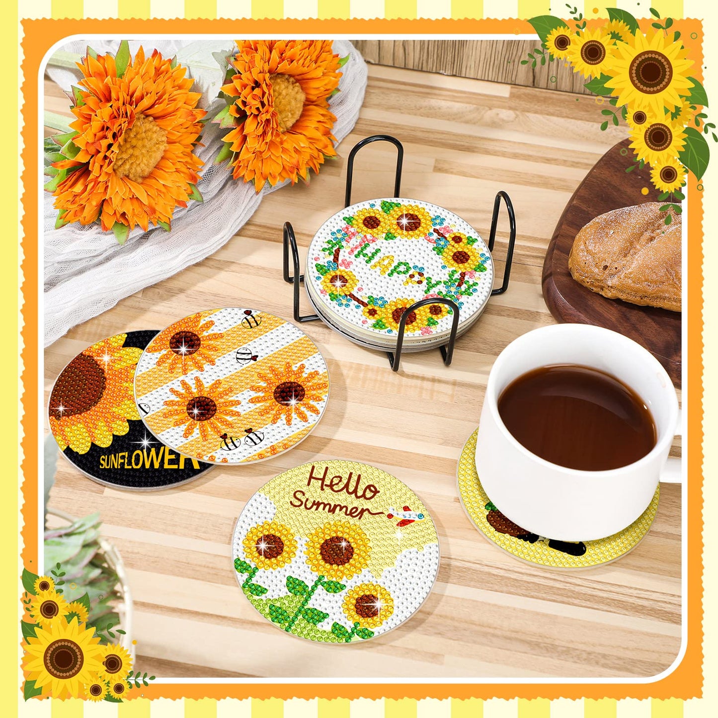 Diy 8pcs/set Gnome Flower Diamond Painting Coasters with Holder