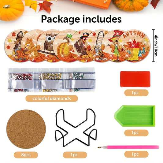 Diy 8pcs/set Pumpkin Diamond Painting Coasters with Holder
