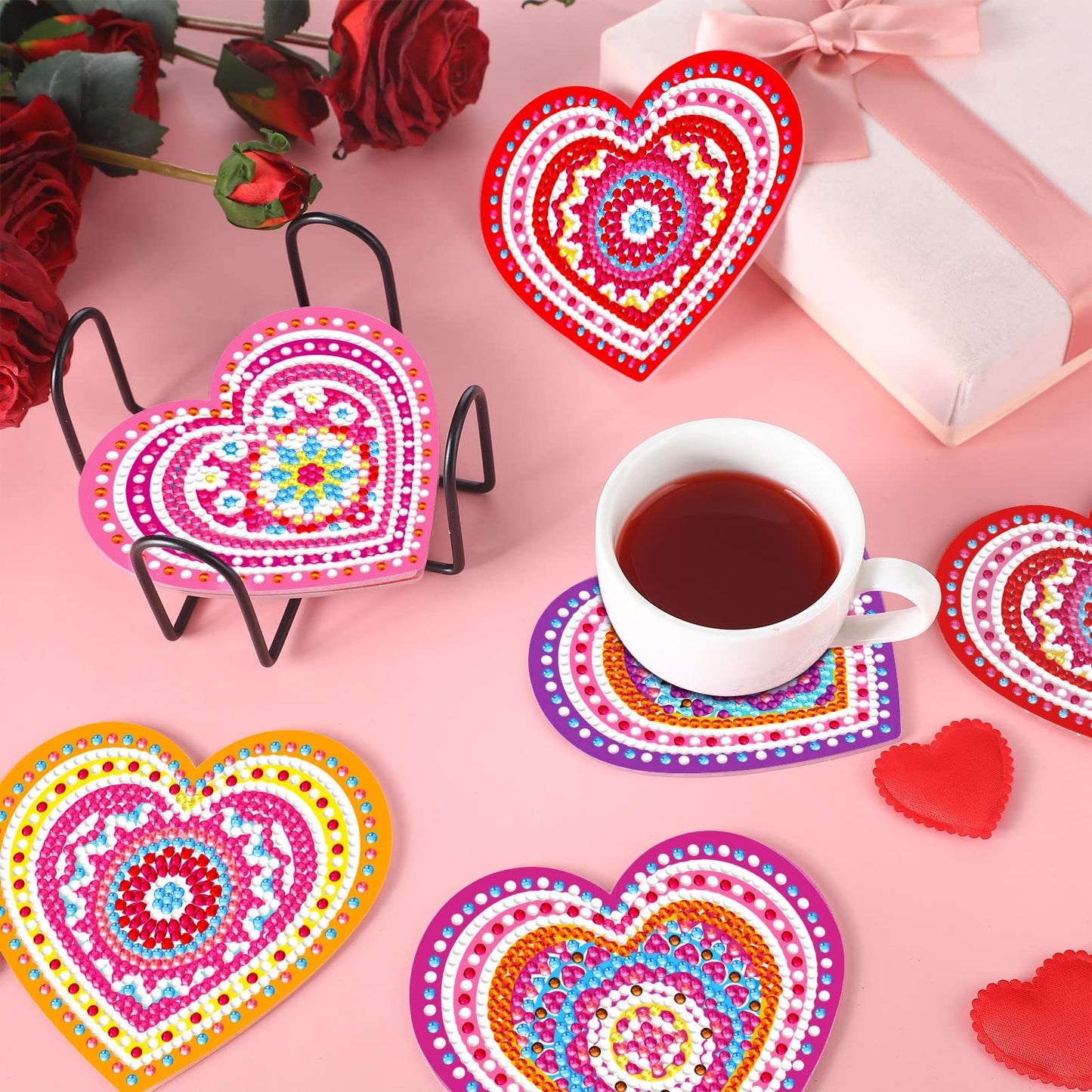 Diy 8pcs/set Valentine's Day Diamond Painting Coasters with Holder