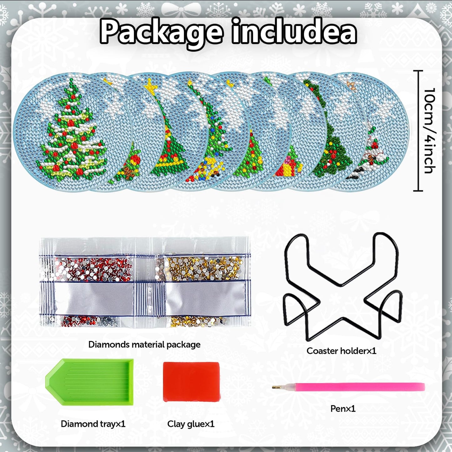 Diy 8pcs/set Christmas Diamond Painting Coasters with Holder