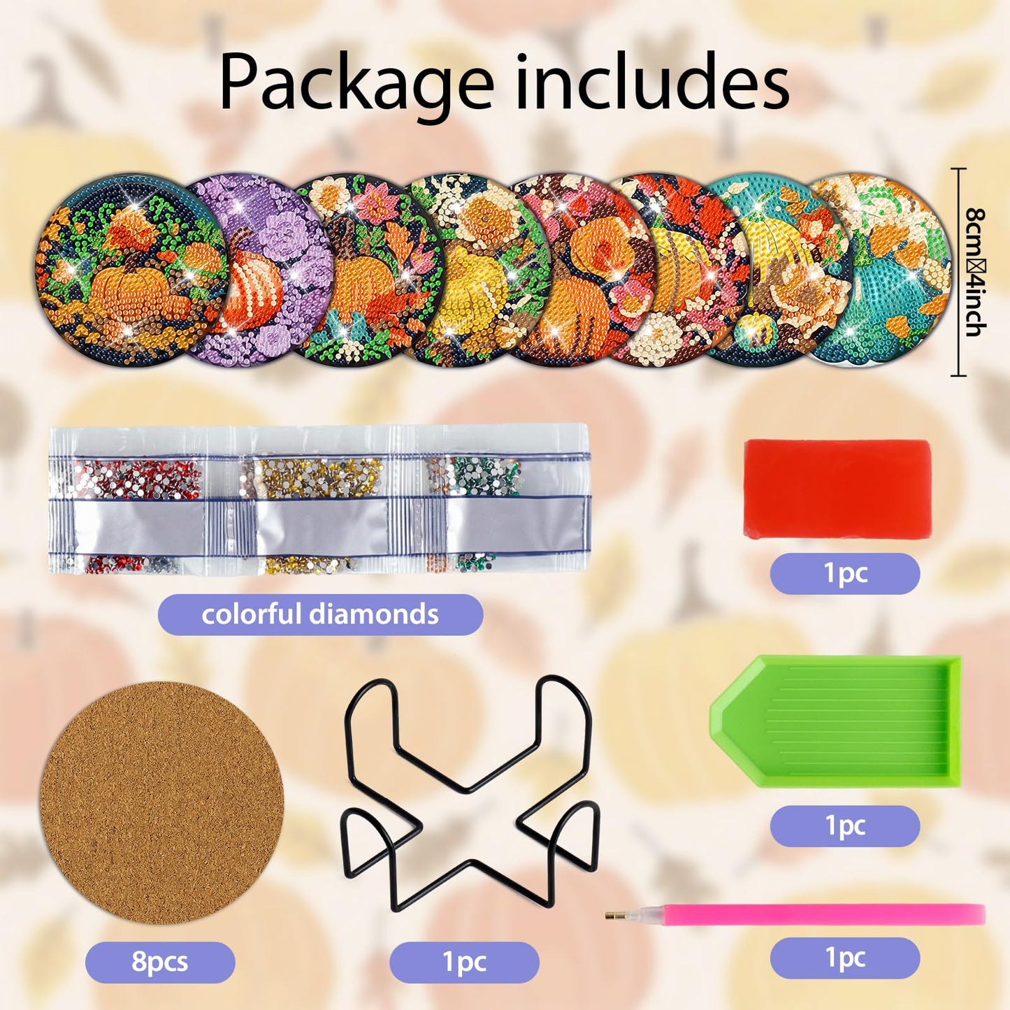 Diy 8pcs/set Pumpkin Diamond Painting Coasters with Holder