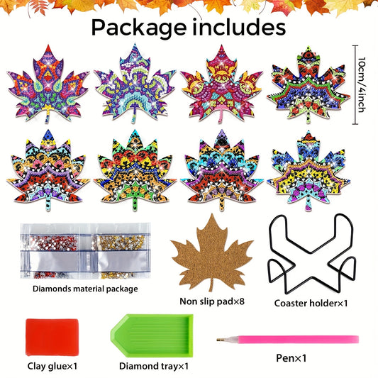 Diy 8pcs/set Leaf Diamond Painting Coasters with Holder