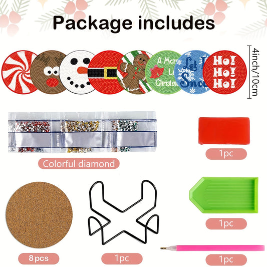 Diy 8pcs/set Christmas Diamond Painting Coasters with Holder