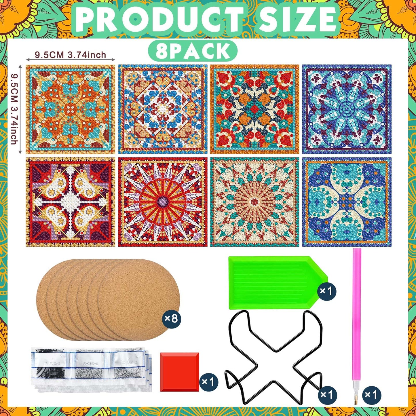 Diy 8pcs/set Mandala Diamond Painting Coasters with Holder