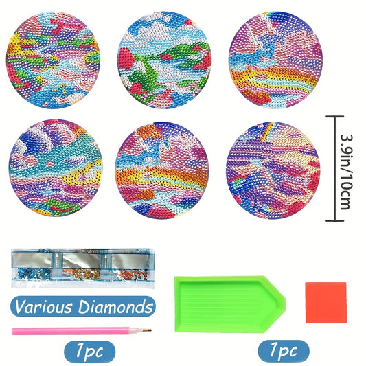 Diy 6pcs/set Landscape Diamond Painting Coasters with Holder