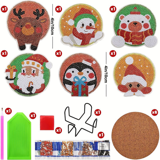 Diy 6pcs/set Christmas Diamond Painting Coasters with Holder
