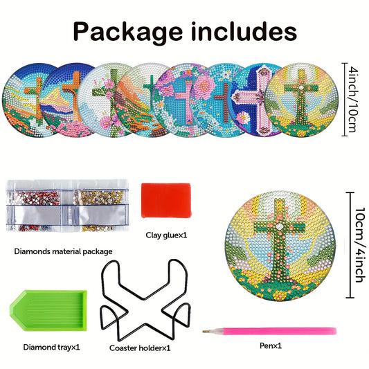 Diy 8pcs/set Crosses Diamond Painting Coasters with Holder