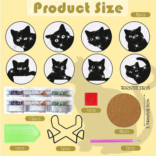 Diy 8pcs/set Cat Diamond Painting Coasters with Holder