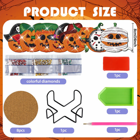 Diy 8pcs/set Pumpkin Halloween Diamond Painting Coasters with Holder