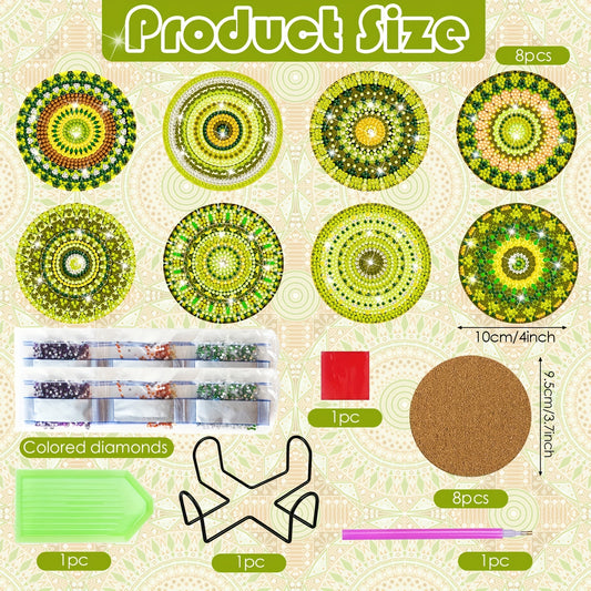 Diy 8pcs/set Mandala Diamond Painting Coasters with Holder