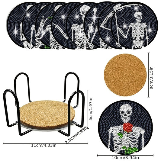 Diy 8pcs/set Skull Diamond Painting Coasters with Holder