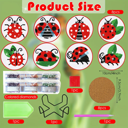 Diy 8pcs/set Ladybug Diamond Painting Coasters with Holder