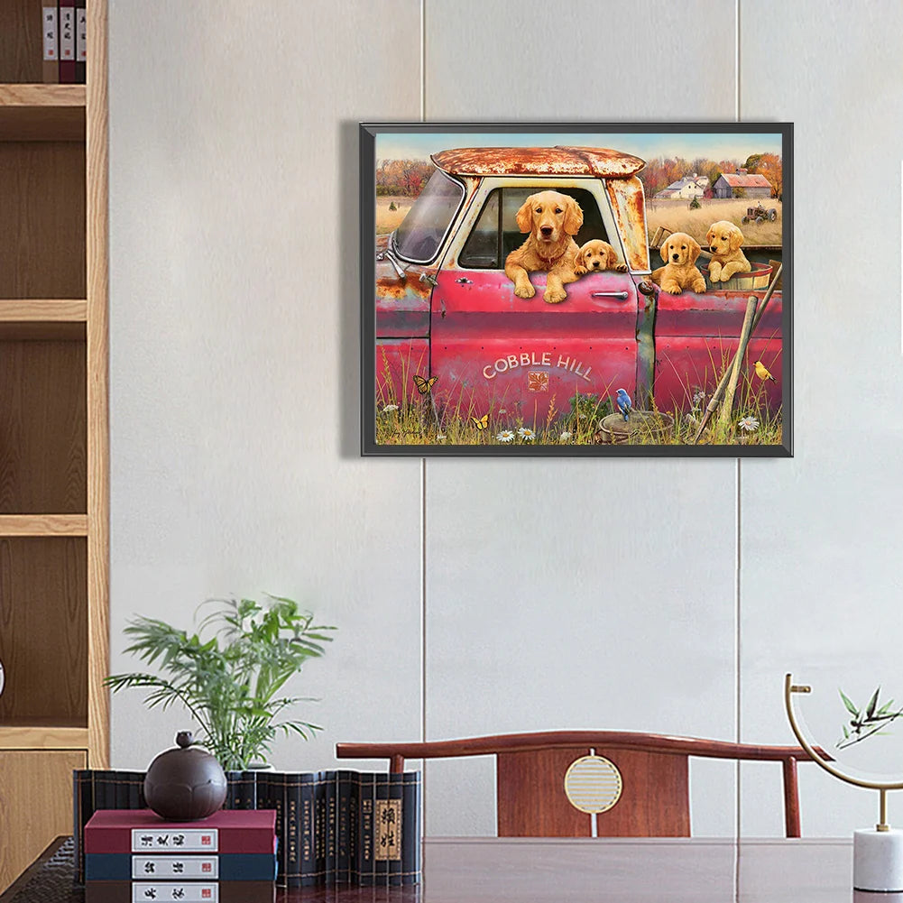 Yellow Labrador Dogs In The Car | Diamond Painting