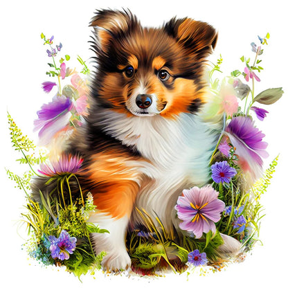 Flowers And Dog Australian Shepherd | Diamond Painting