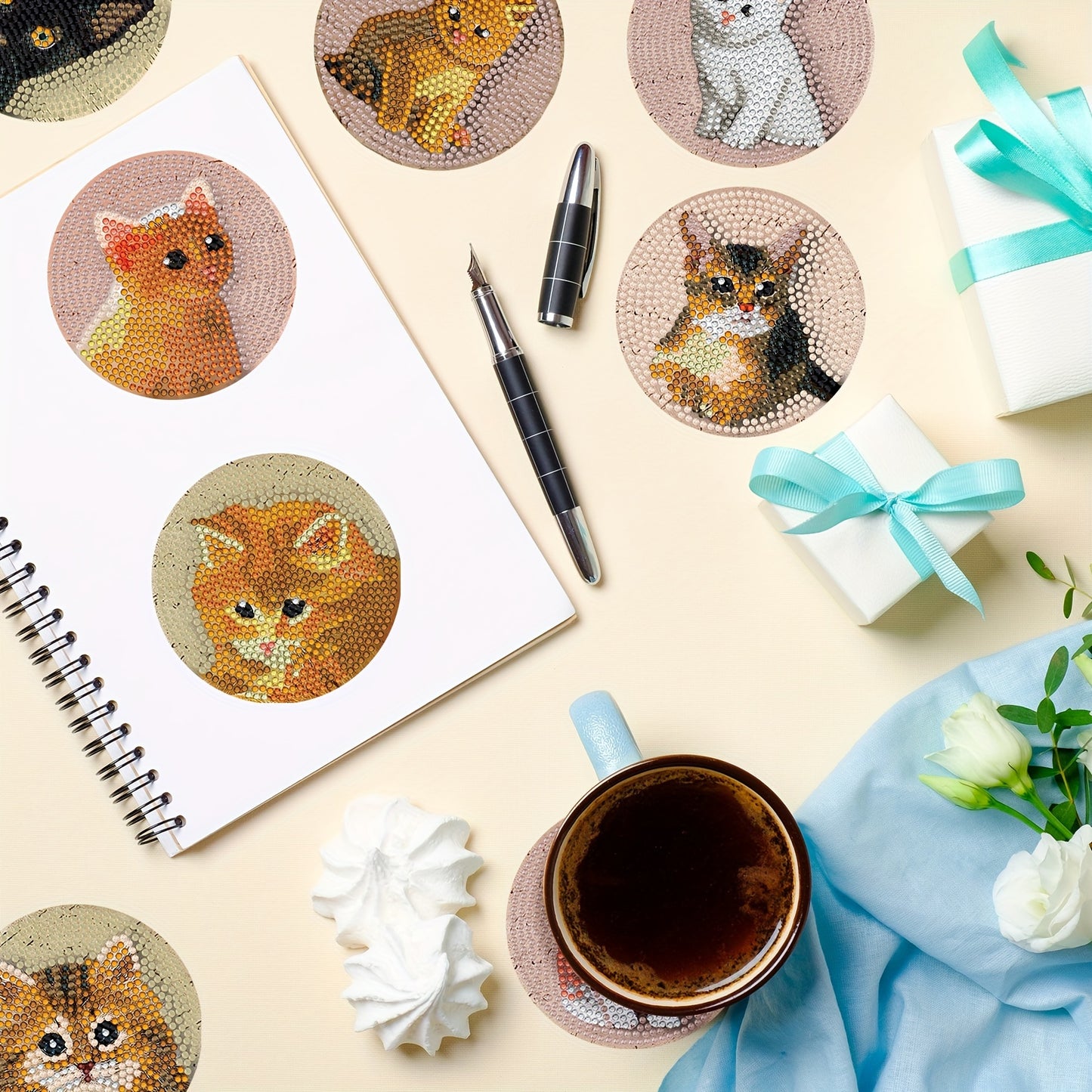 Diy 8pcs/set Cat  Diamond Painting Coasters with Holder