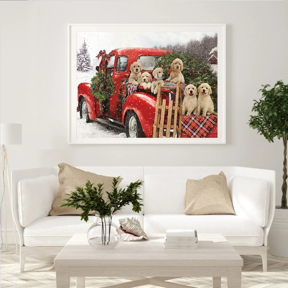 Red Car And Dogs Golden Retriever | Diamond Painting