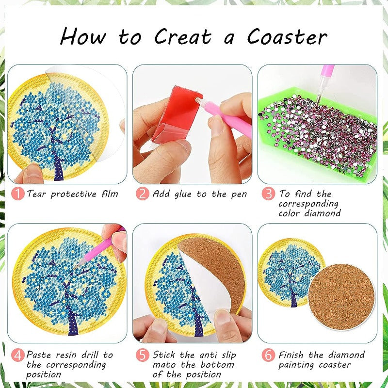 Diy 8pcs/set Tree  Diamond Painting Coasters with Holder