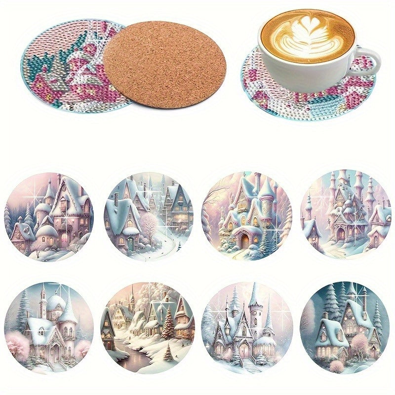 Diy 8pcs/set Castle  Diamond Painting Coasters with Holder