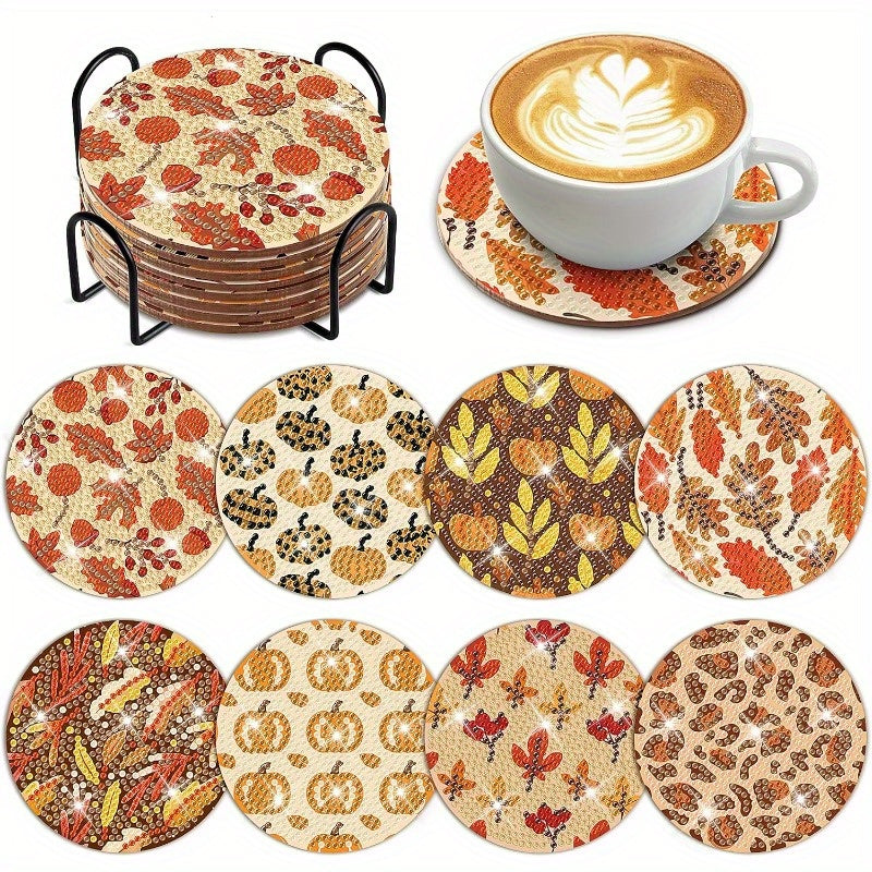 Diy 8pcs/set Pumpkin  Diamond Painting Coasters with Holder