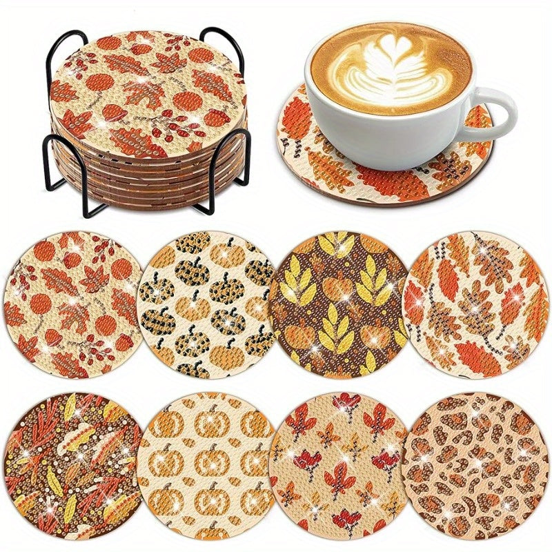 Diy 8pcs/set Pumpkin  Diamond Painting Coasters with Holder