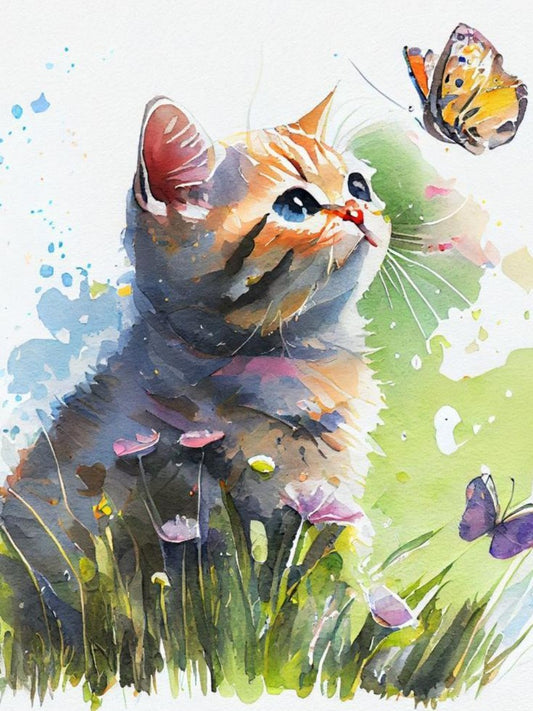 Cat with Butterfly  | Diamond Painting