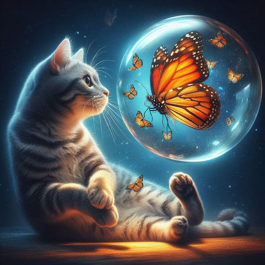 Cat with Butterfly  | Diamond Painting