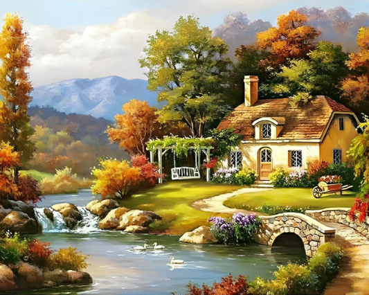 Autumn Cottage On The River | Diamond Painting