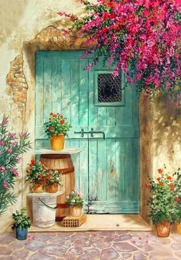 Red Flowers At The Door | Diamond Painting