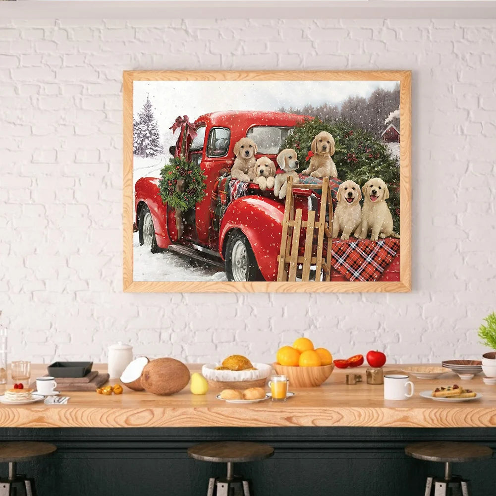 Red Car And Dogs Golden Retriever | Diamond Painting