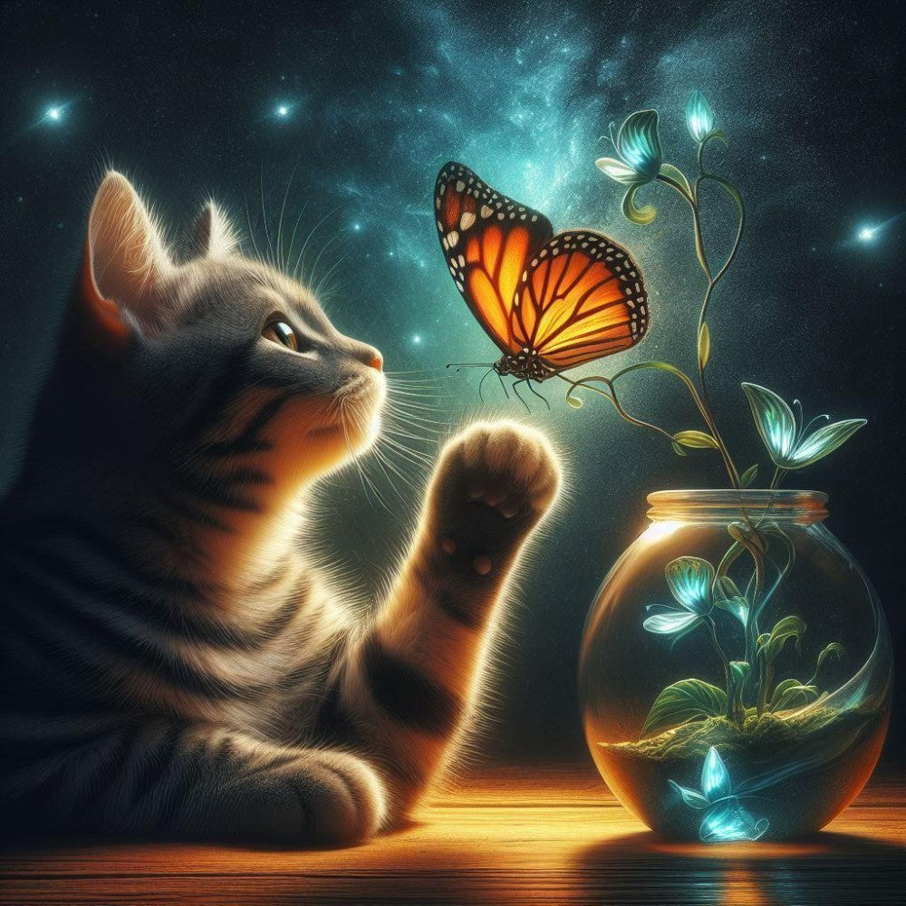 Cat with Butterfly  | Diamond Painting