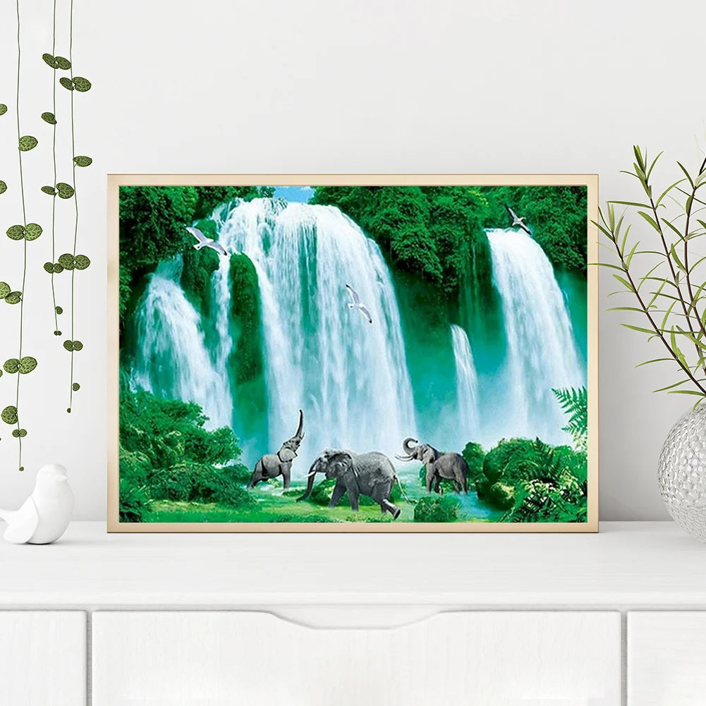 Elephant Under The Waterfall | Diamond Painting