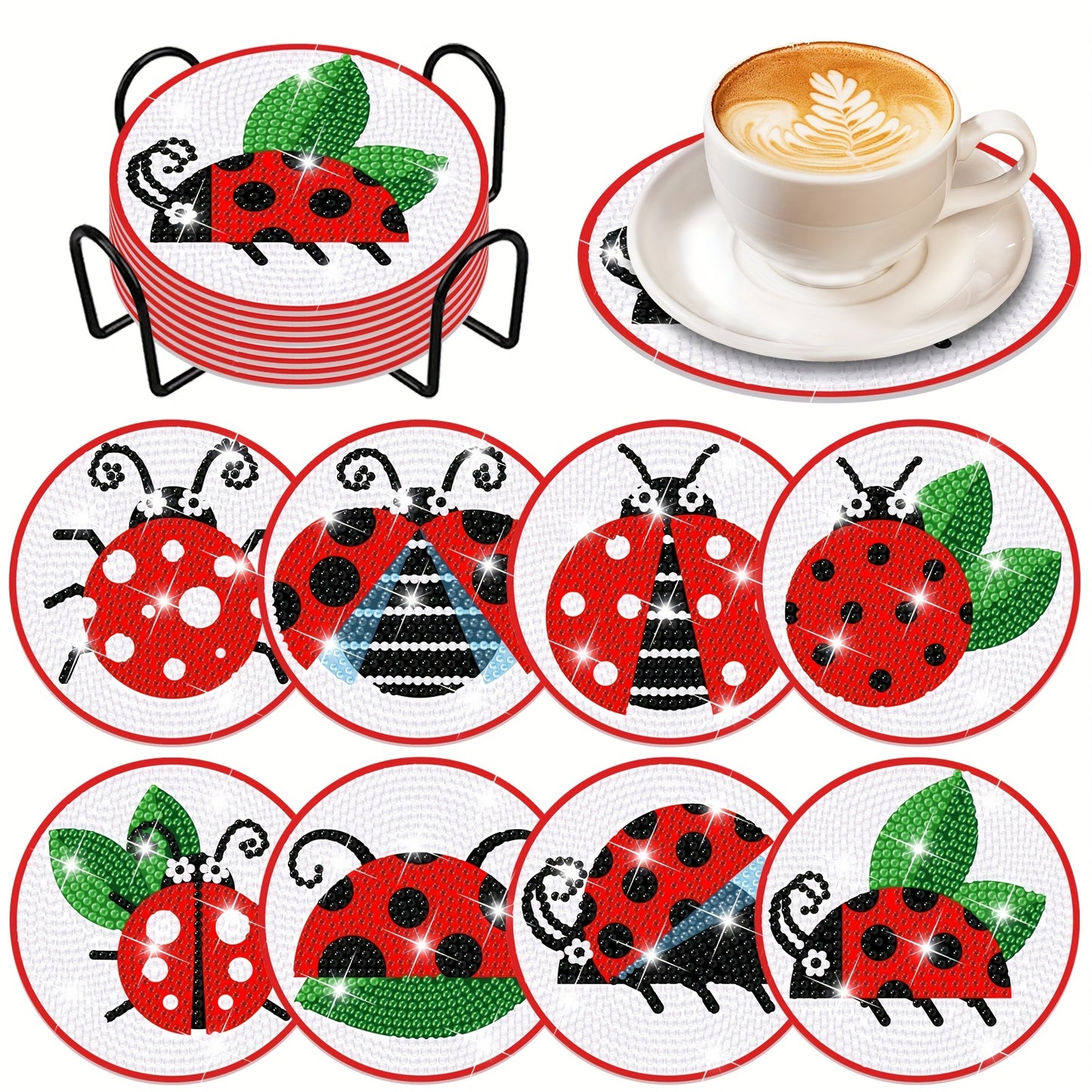 Diy 8pcs/set Ladybug  Diamond Painting Coasters with Holder