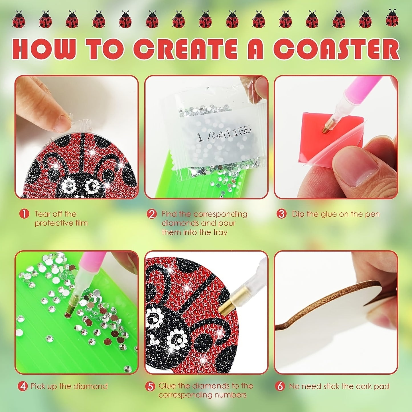 Diy 10pcs/set Ladybug  Diamond Painting Coasters with Holder