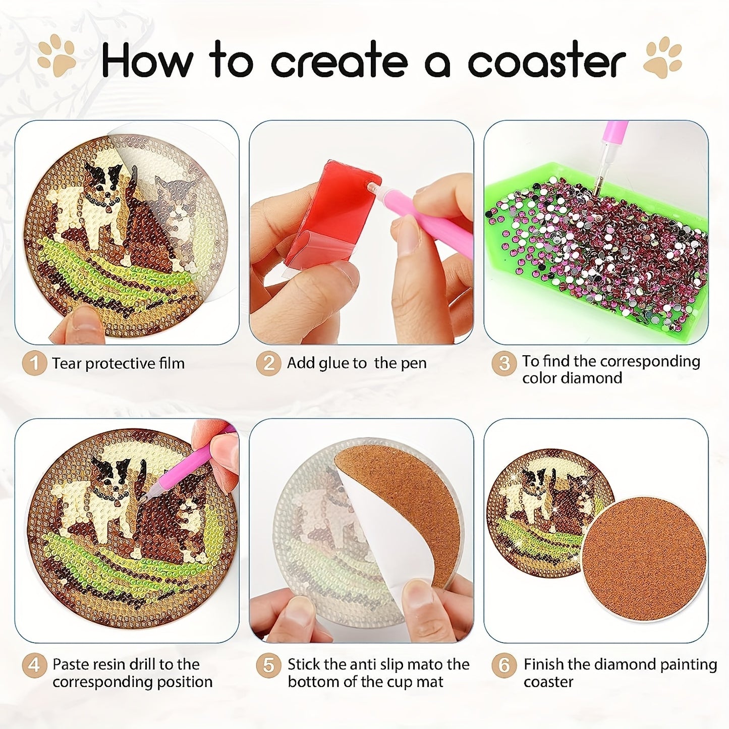 Diy 8pcs/set Cat  Diamond Painting Coasters with Holder