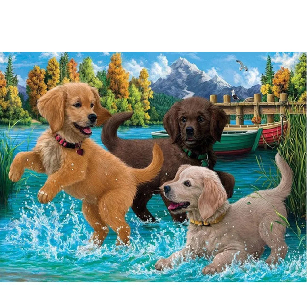 Black Chocolate Yellow Labrador Dog Is Playing | Cross Stitch Embroidery