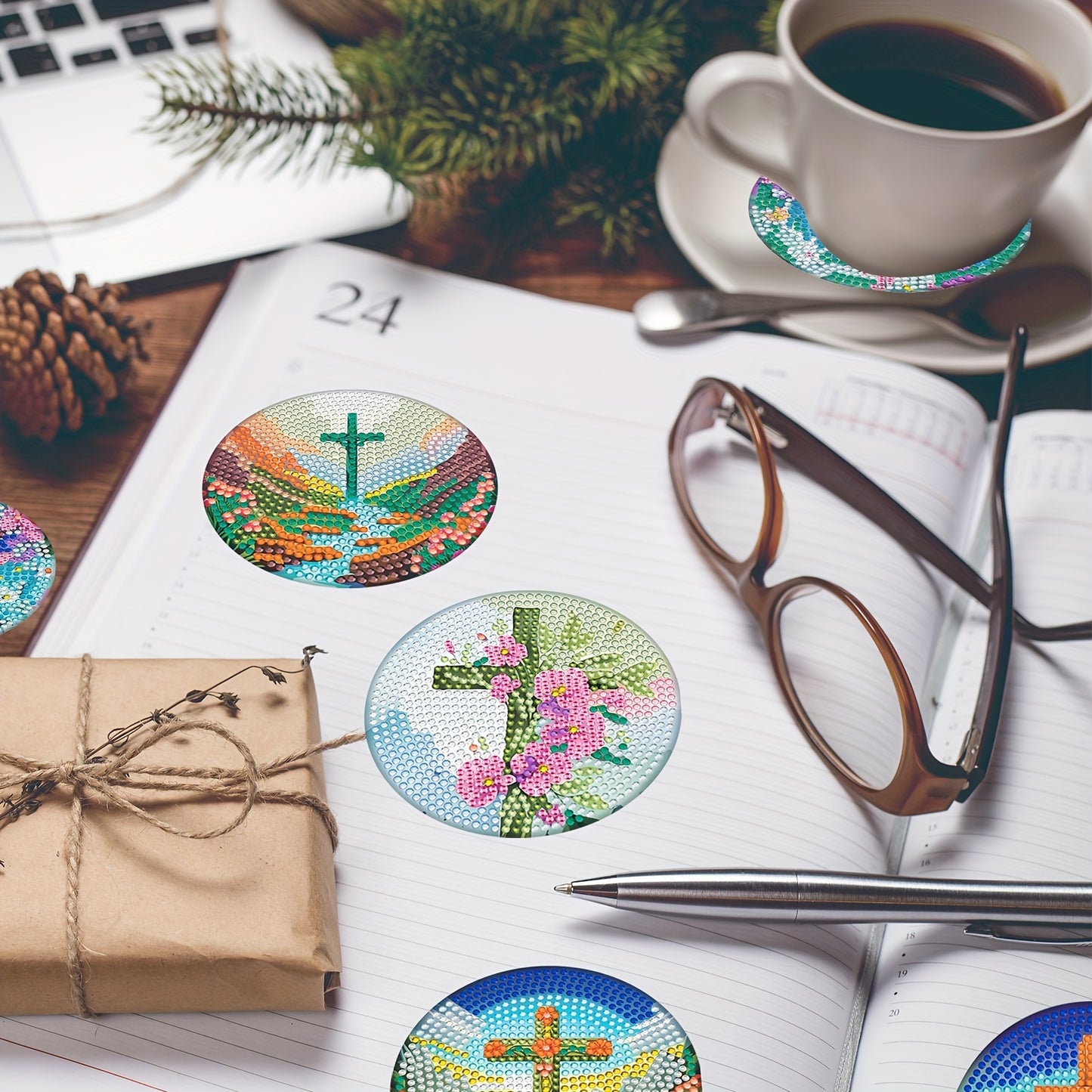 Diy 8pcs/set Crosses  Diamond Painting Coasters with Holder