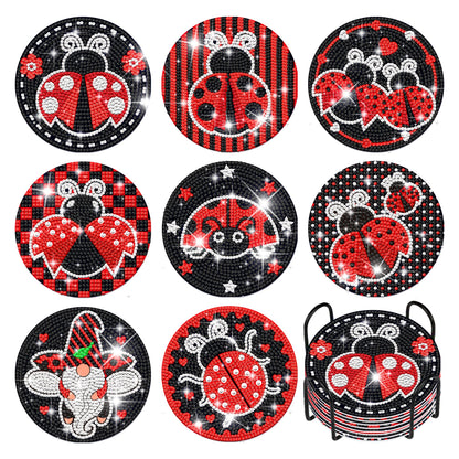 Diy 8pcs/set Ladybug Cartoon  Diamond Painting Coasters with Holder