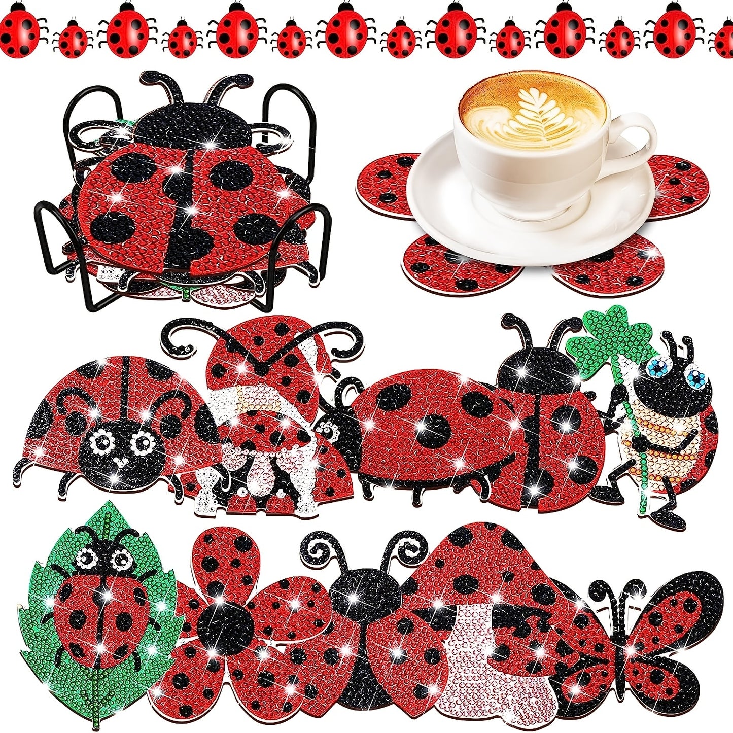 Diy 10pcs/set Ladybug  Diamond Painting Coasters with Holder