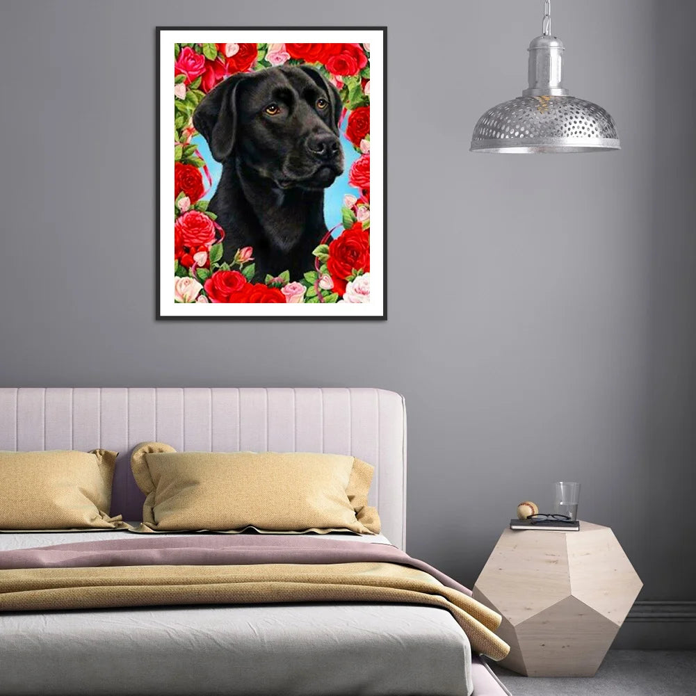 Flower Black Dog Labrador | Diamond Painting