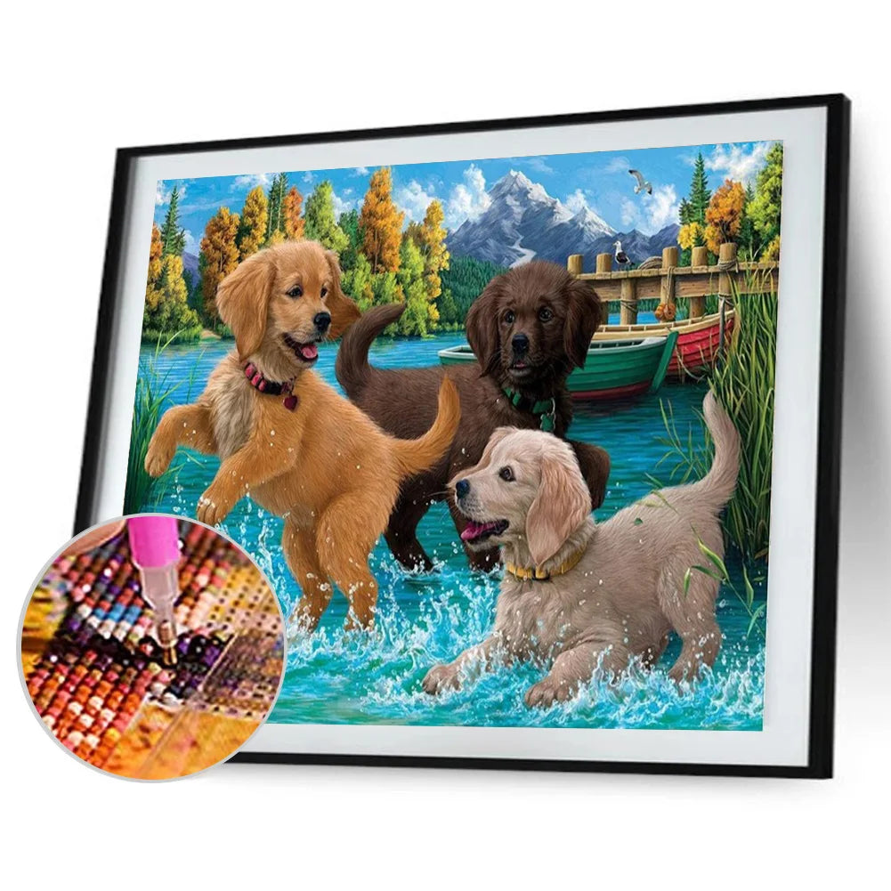 Black Chocolate Yellow Labrador Dog Is Playing | Diamond Painting