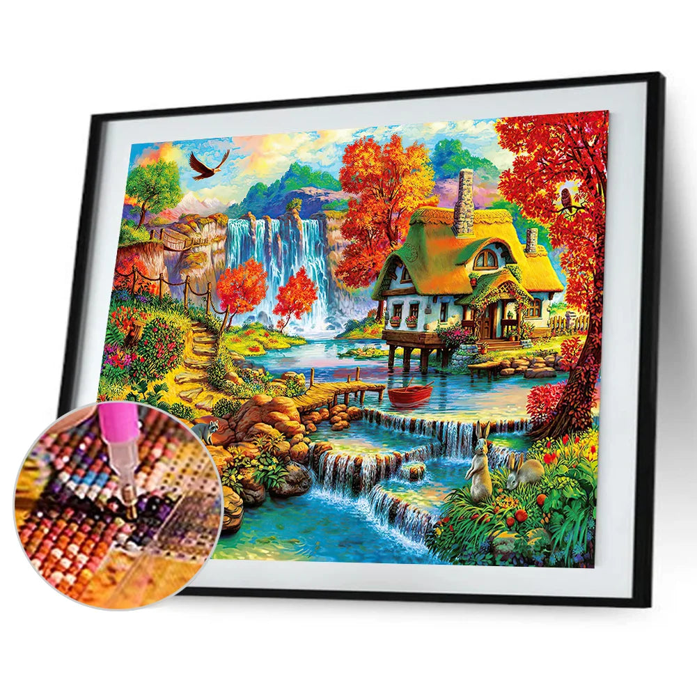 Cottage Near The Waterfall | Diamond Painting