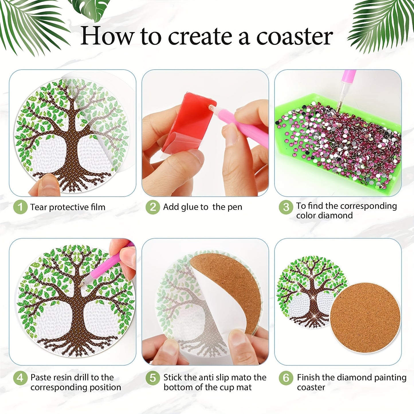 Diy 8pcs/set Tree  Diamond Painting Coasters with Holder