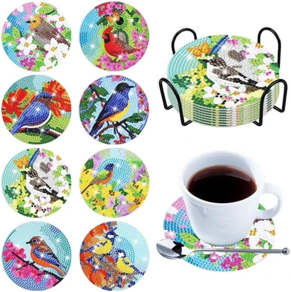 Diy 8pcs/set Bird Flower  Diamond Painting Coasters with Holder