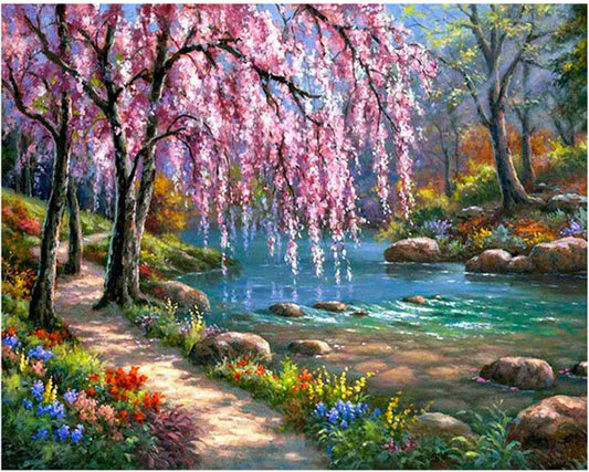 Cherry Blossom Tree Near The River | Diamond Painting