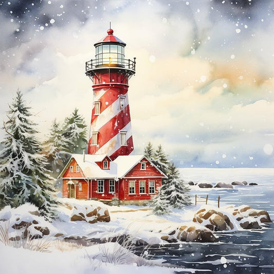 Christmas Lighthouse Covered In Snow | Diamond Painting