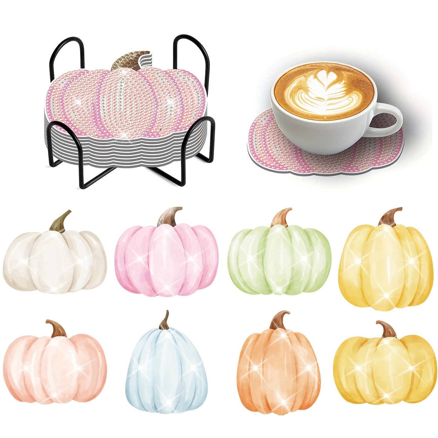 Diy 8pcs/set Pumpkin Halloween  Diamond Painting Coasters with Holder