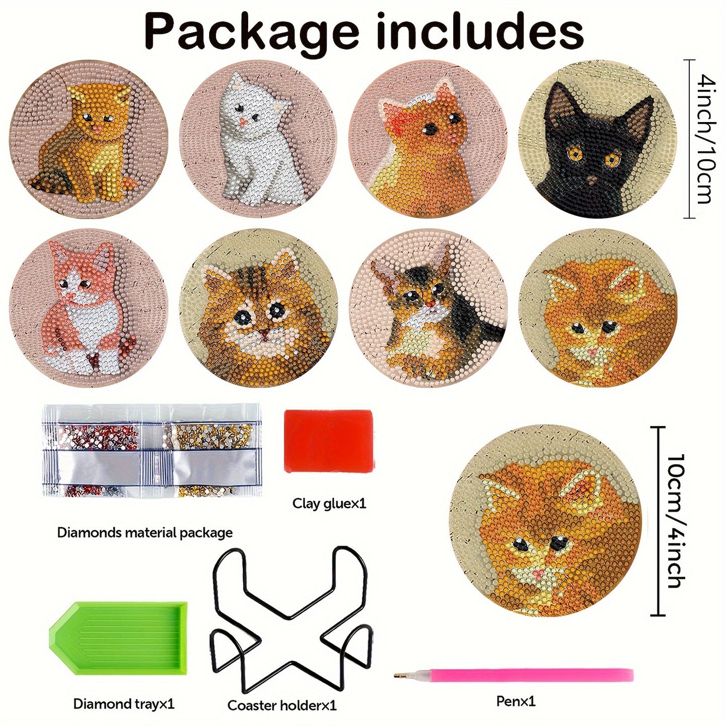 Diy 8pcs/set Cat  Diamond Painting Coasters with Holder