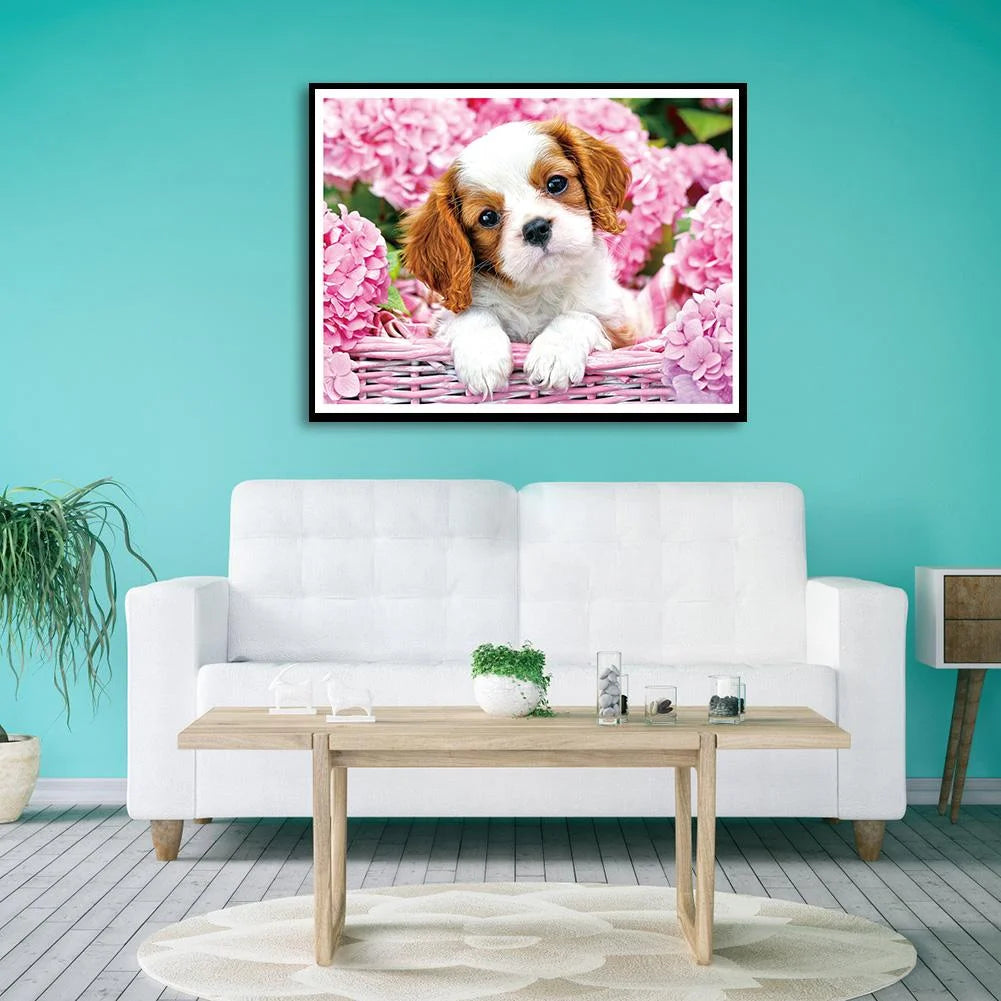 Pink Flower Dog | Diamond Painting