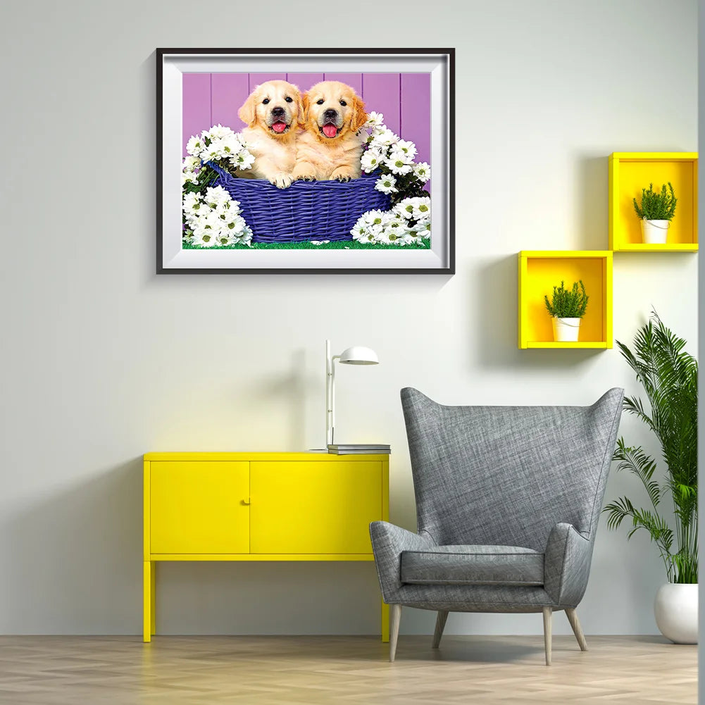 Flowers And Dog Golden Retriever | Diamond Painting